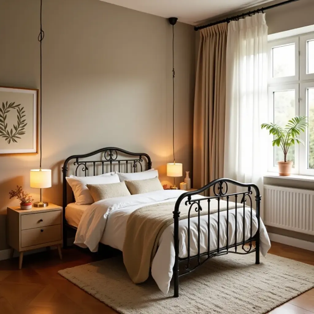 a photo of a nursery featuring a metal bed frame and warm lighting