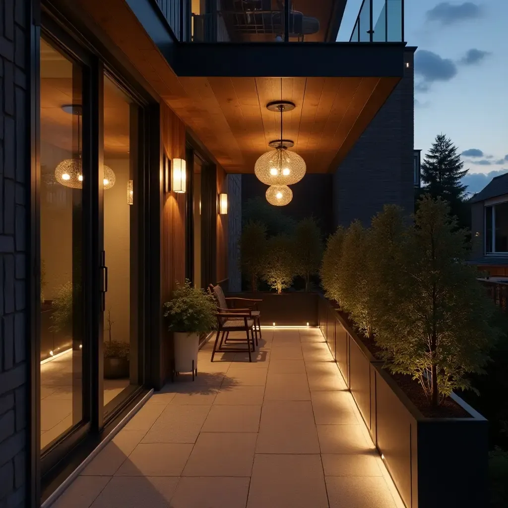 a photo of a small balcony transformed with pendant lighting