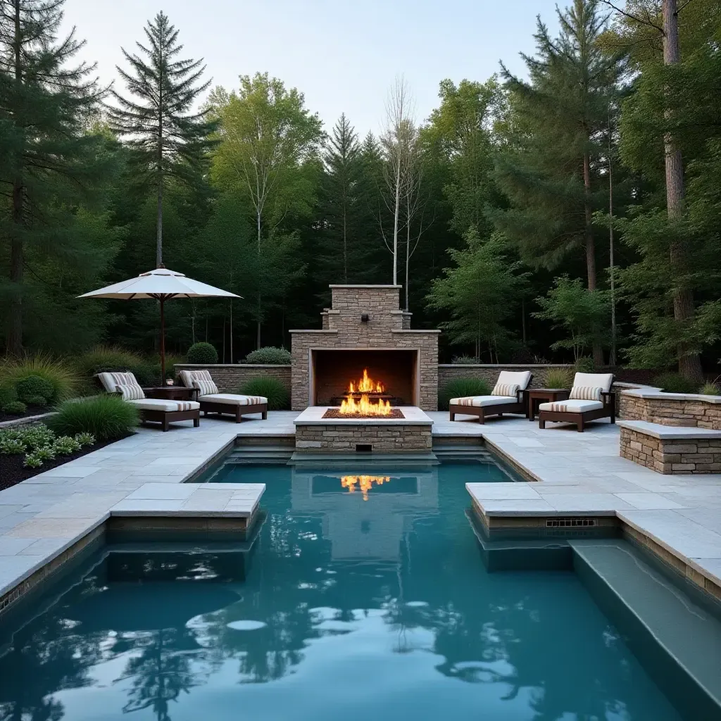 a photo of a serene pool area with a sunken fire pit and water feature