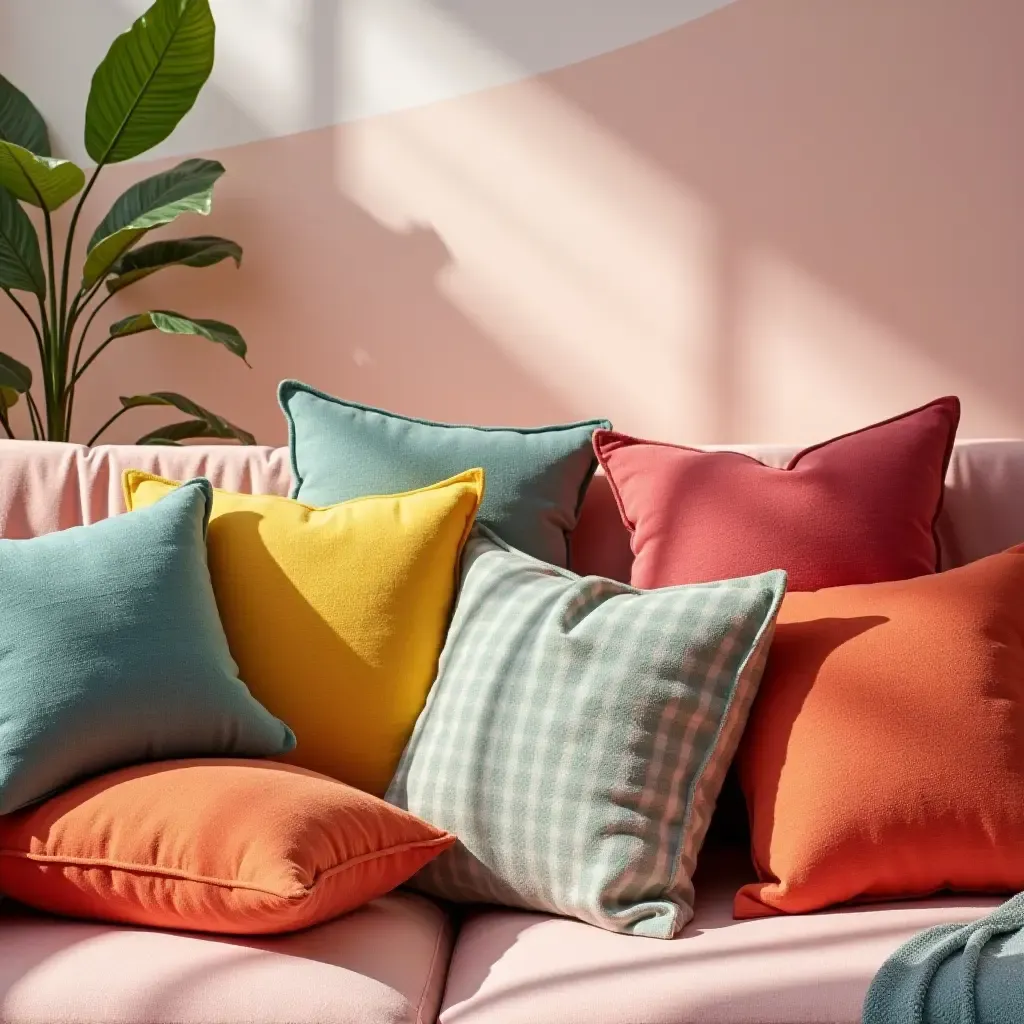 a photo of throw pillows with bright colors in a playful setting