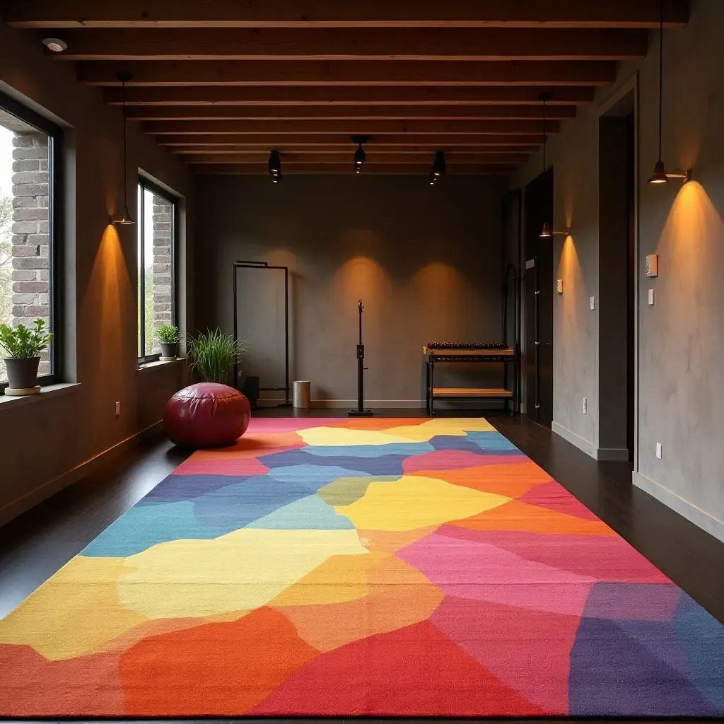 a photo of a bold, colorful rug in a basement fitness area