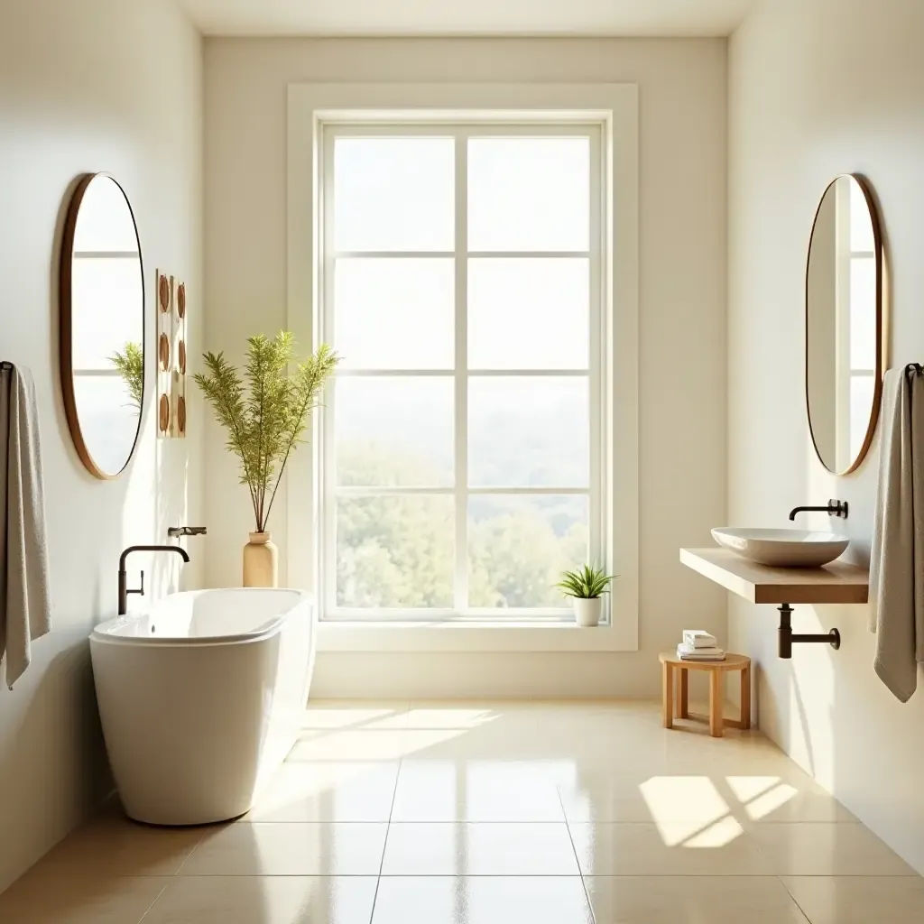 a photo of a sunny bathroom with large windows and bright decor