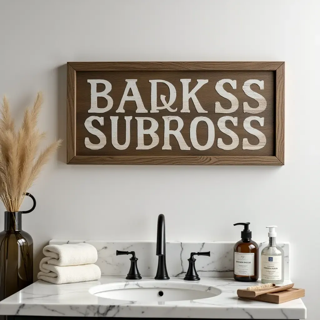 a photo of a rustic wooden sign with bathroom quotes