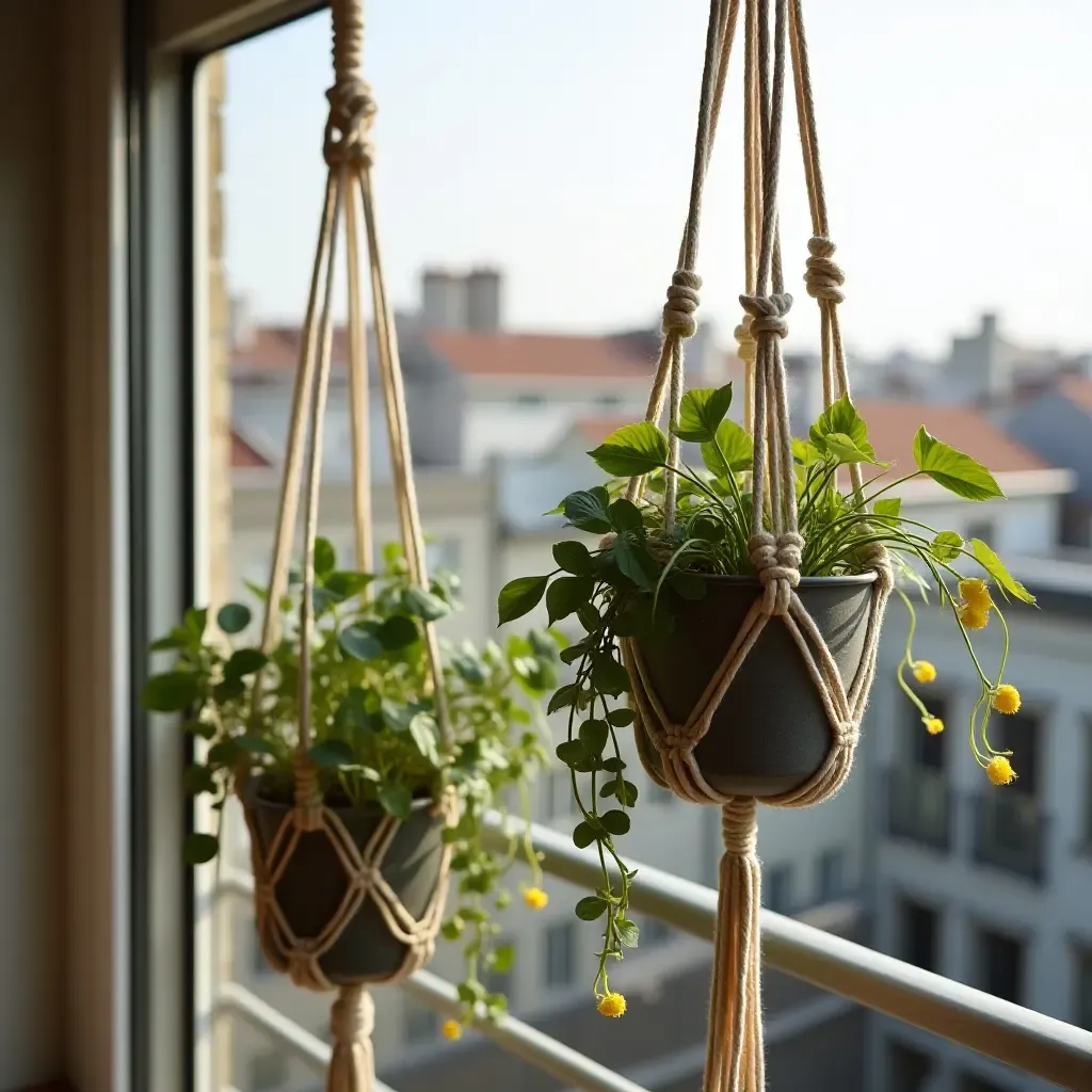 a photo of a balcony adorned with DIY macrame plant hangers