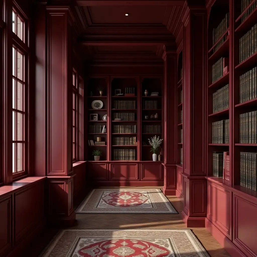 a photo of a striking burgundy and silver library with vintage touches