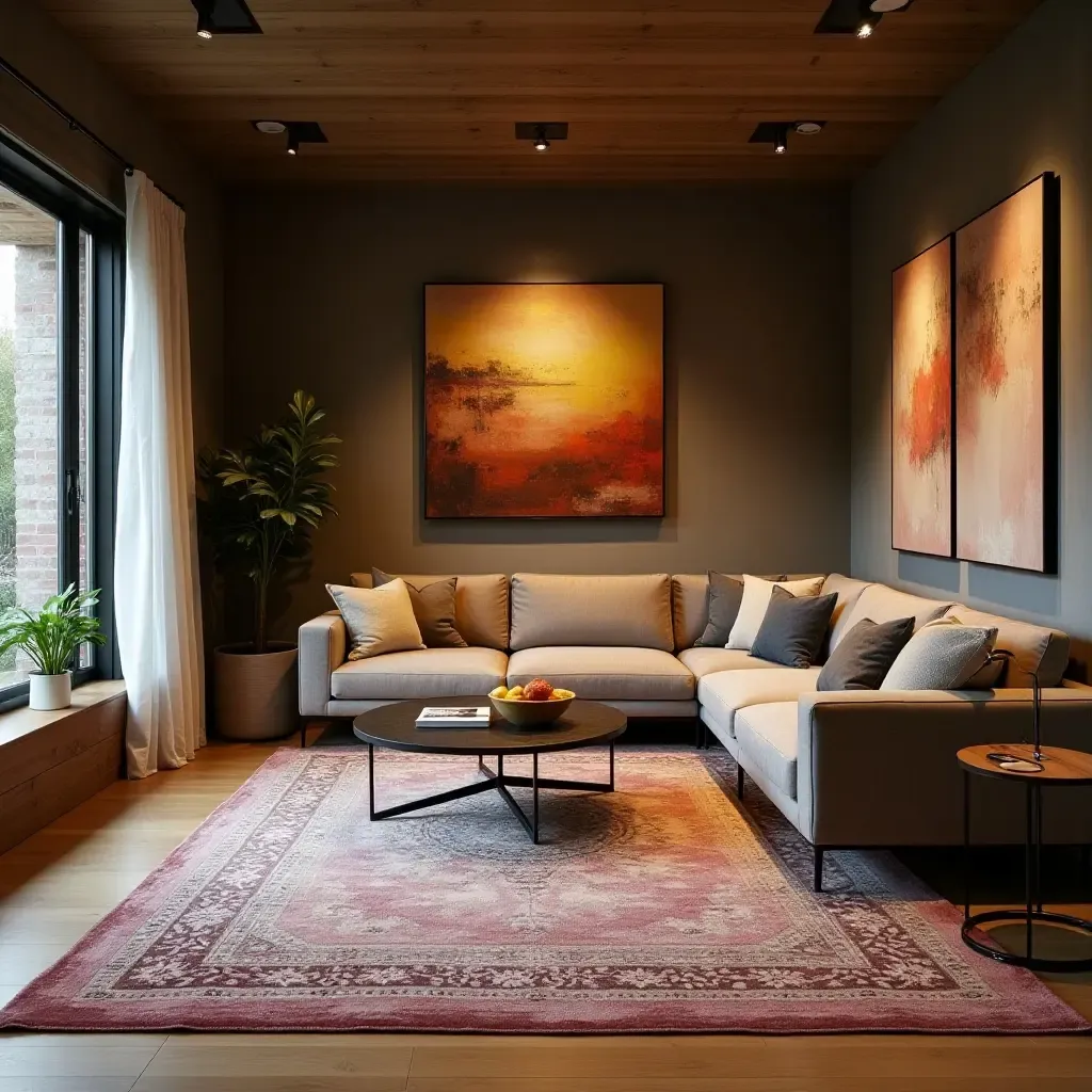 a photo of a basement lounge featuring a large rug and artistic decor