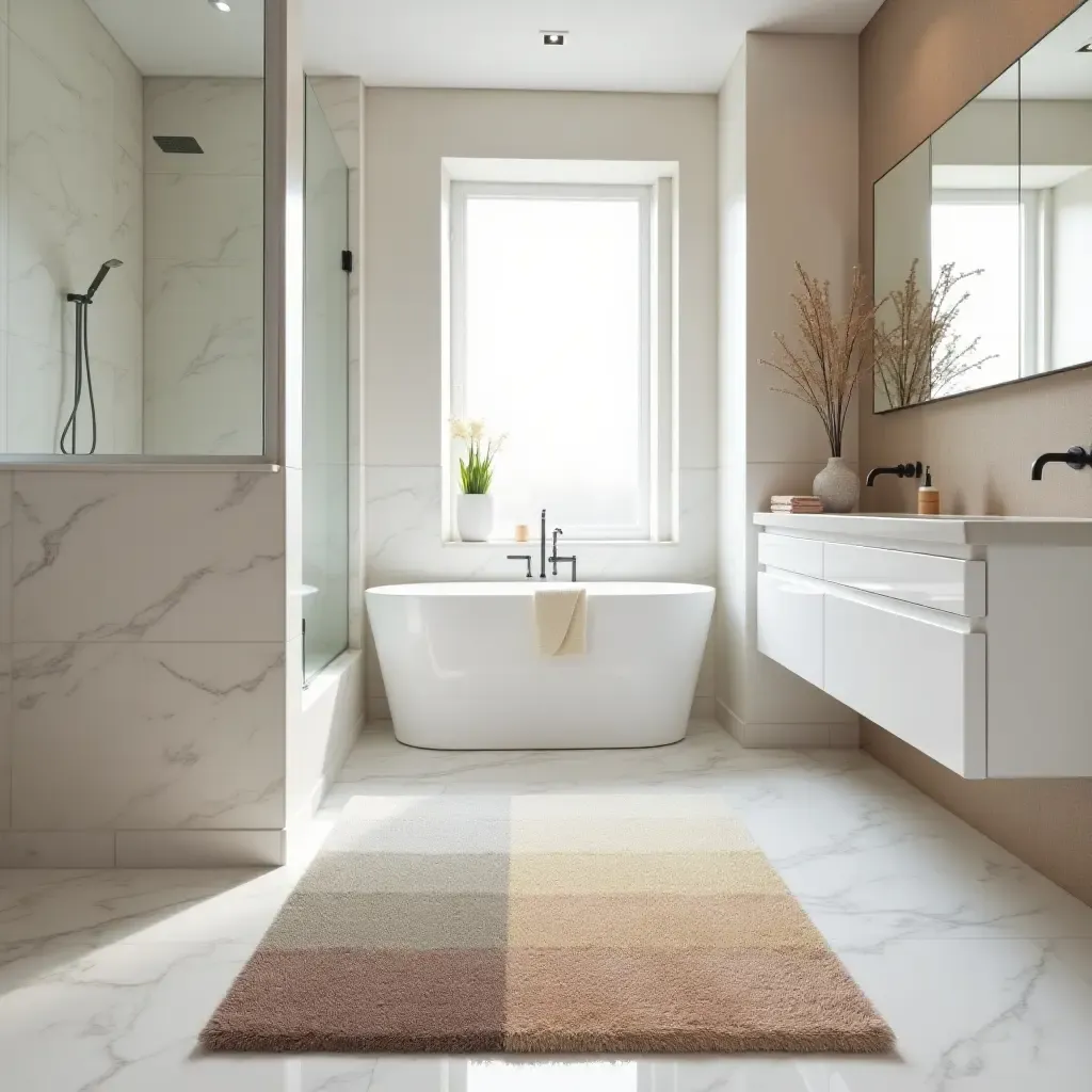 a photo of a soothing gradient rug in a serene bathroom