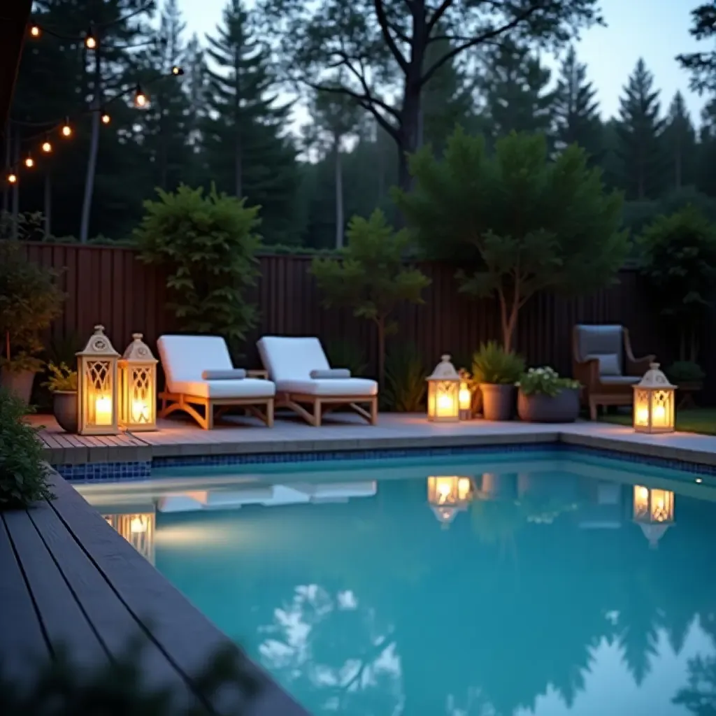 a photo of a tranquil Scandinavian poolside retreat with lanterns and soft lighting