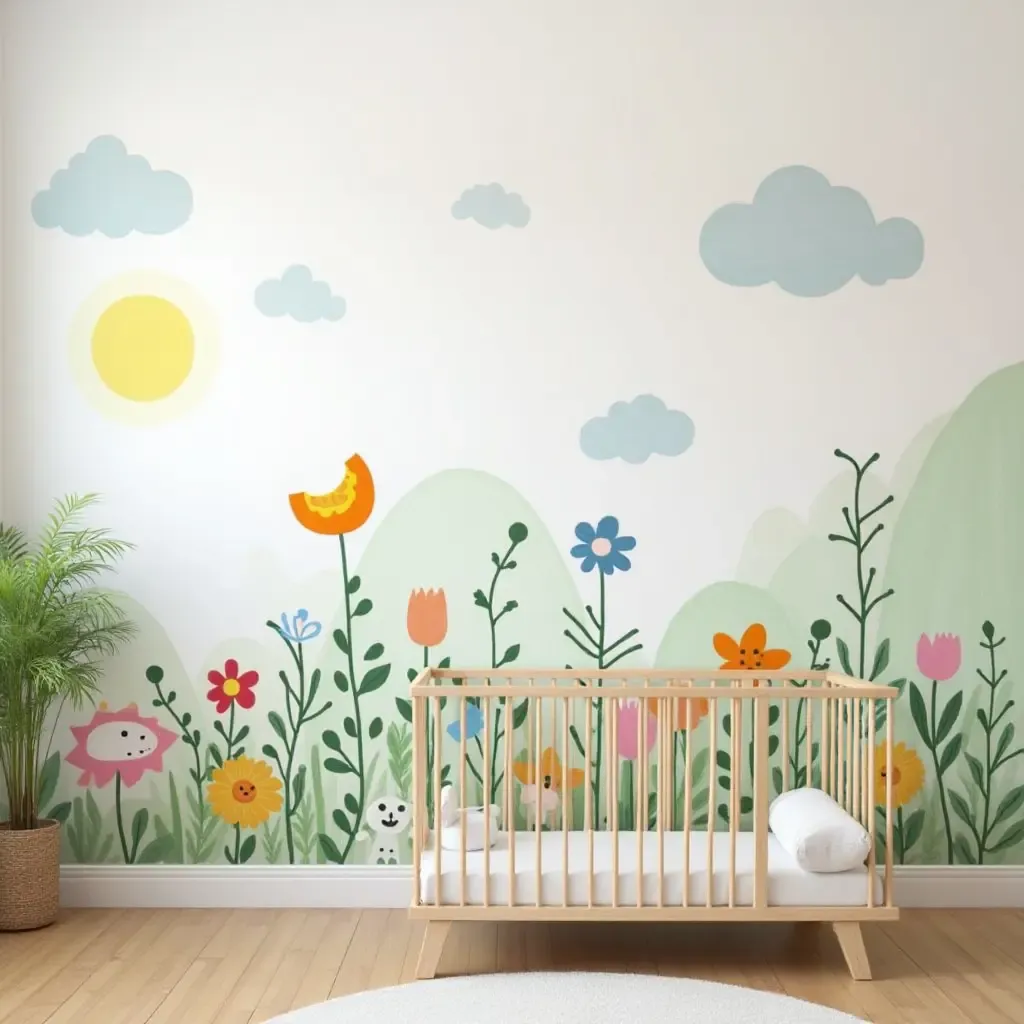 a photo of a nursery with a colorful garden mural on the wall