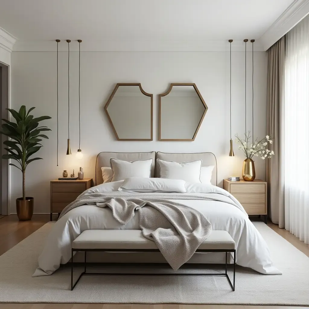 a photo of a trendy bedroom with geometric mirrors and open space