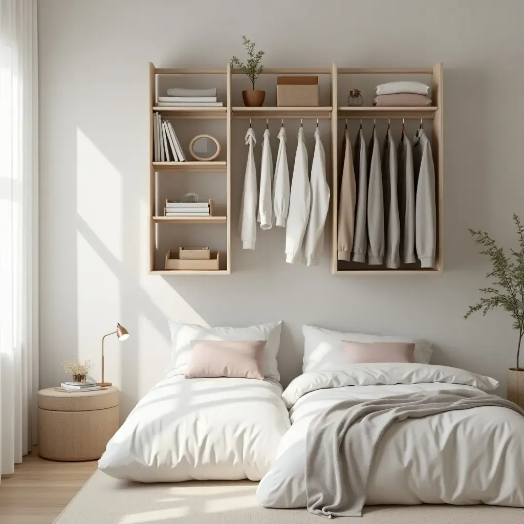 a photo of a chic bedroom with a hanging storage organizer