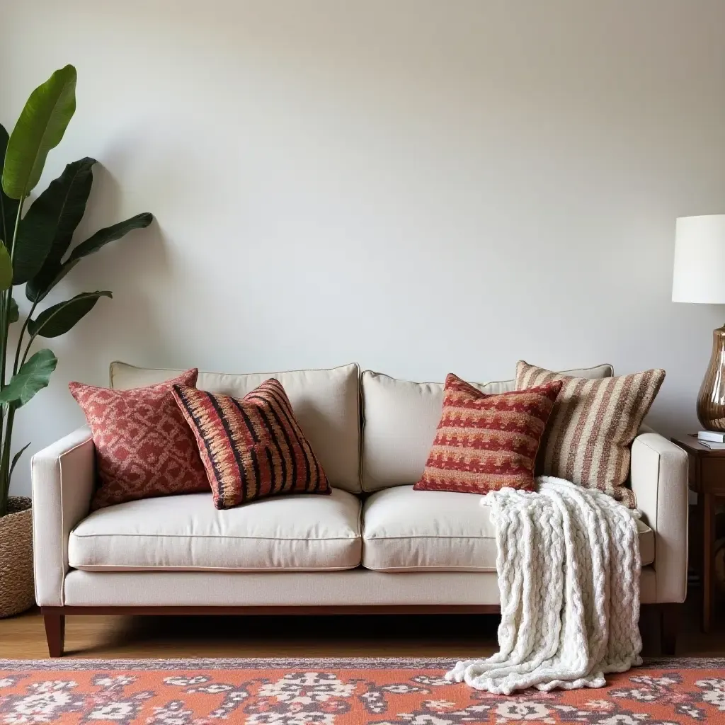 a photo of a chic bohemian sofa with patterned throw pillows