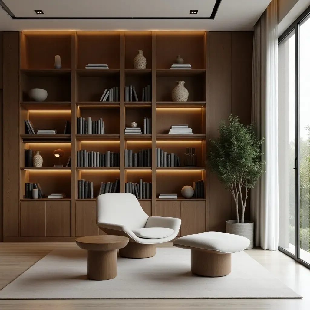 a photo of a minimalist library design with sleek lines and functional furniture