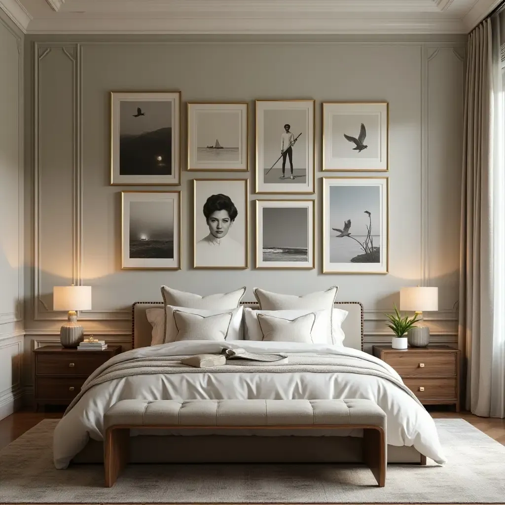 a photo of a luxurious bedroom with a gallery wall of gold-framed art