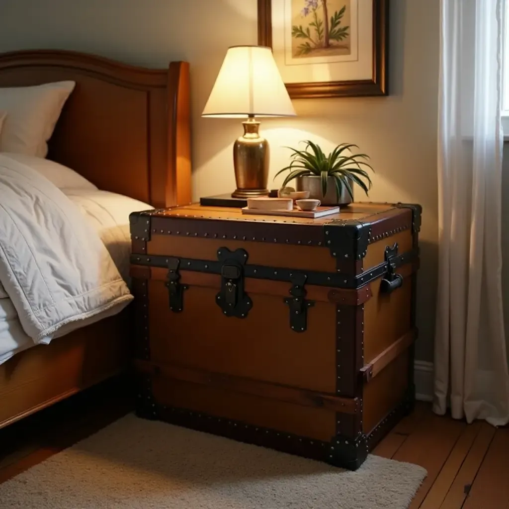 a photo of a vintage trunk used as a bedside table