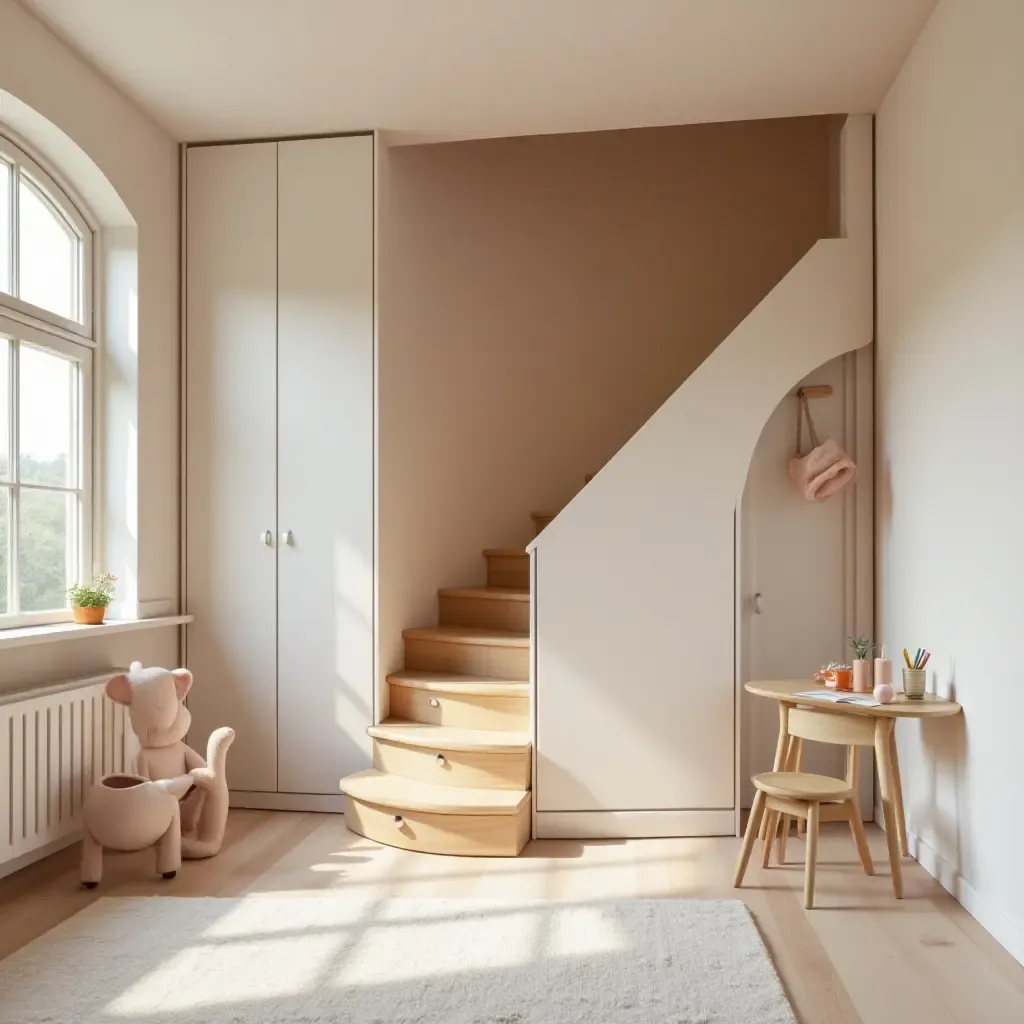 a photo of a playful room with a storage staircase