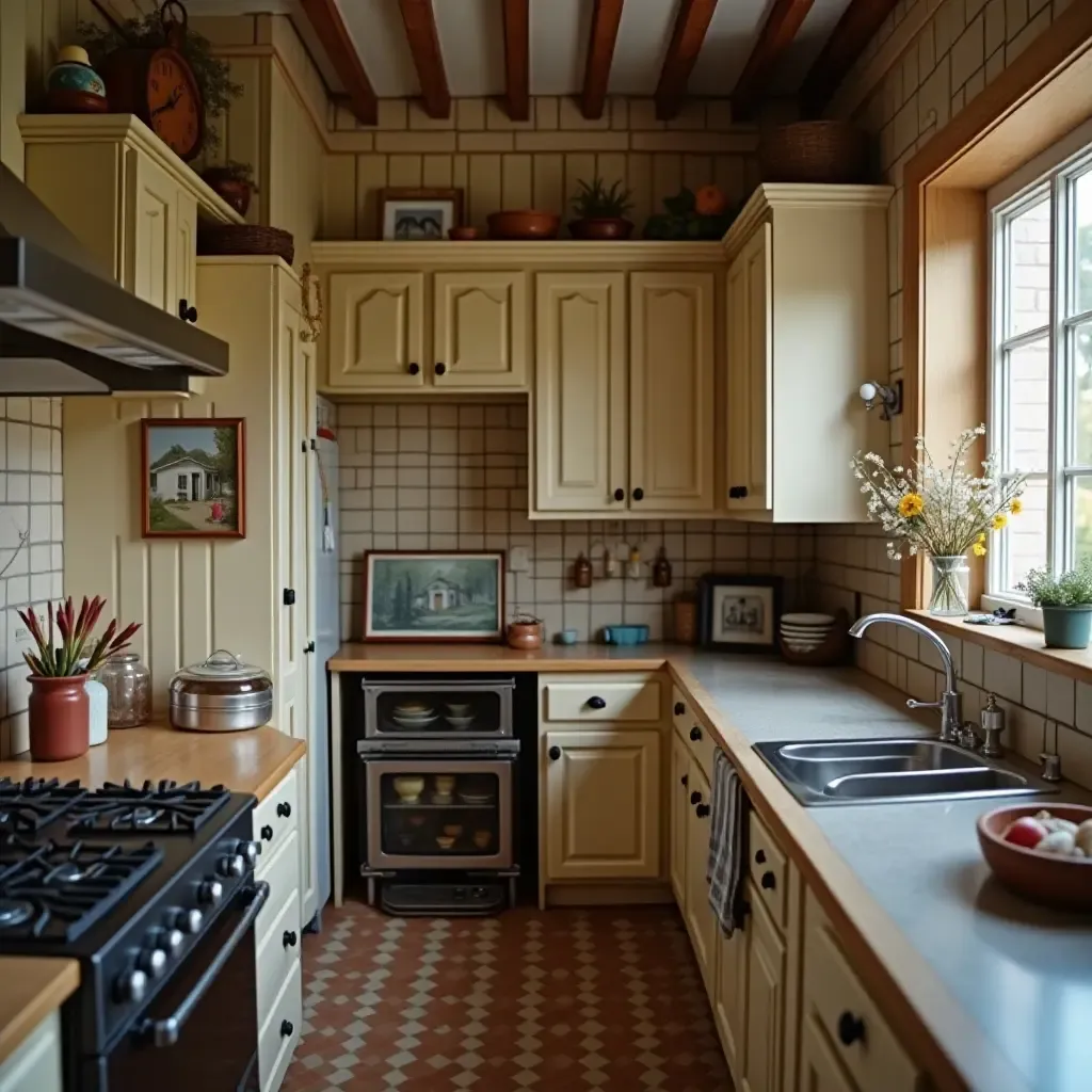 a photo of a cozy kitchen with a vintage clock and family photos