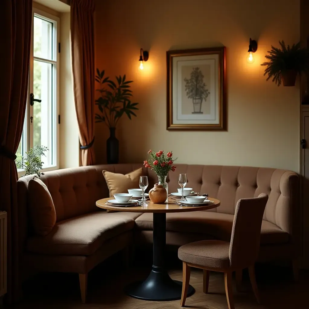 a photo of a cozy breakfast nook with a small table and intimate atmosphere