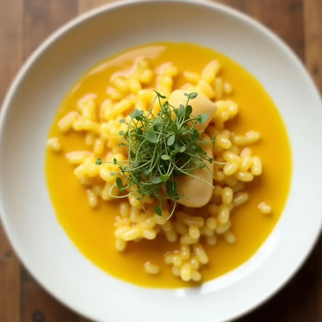 a photo of salted cod risotto with saffron, creamy texture, garnished with microgreens