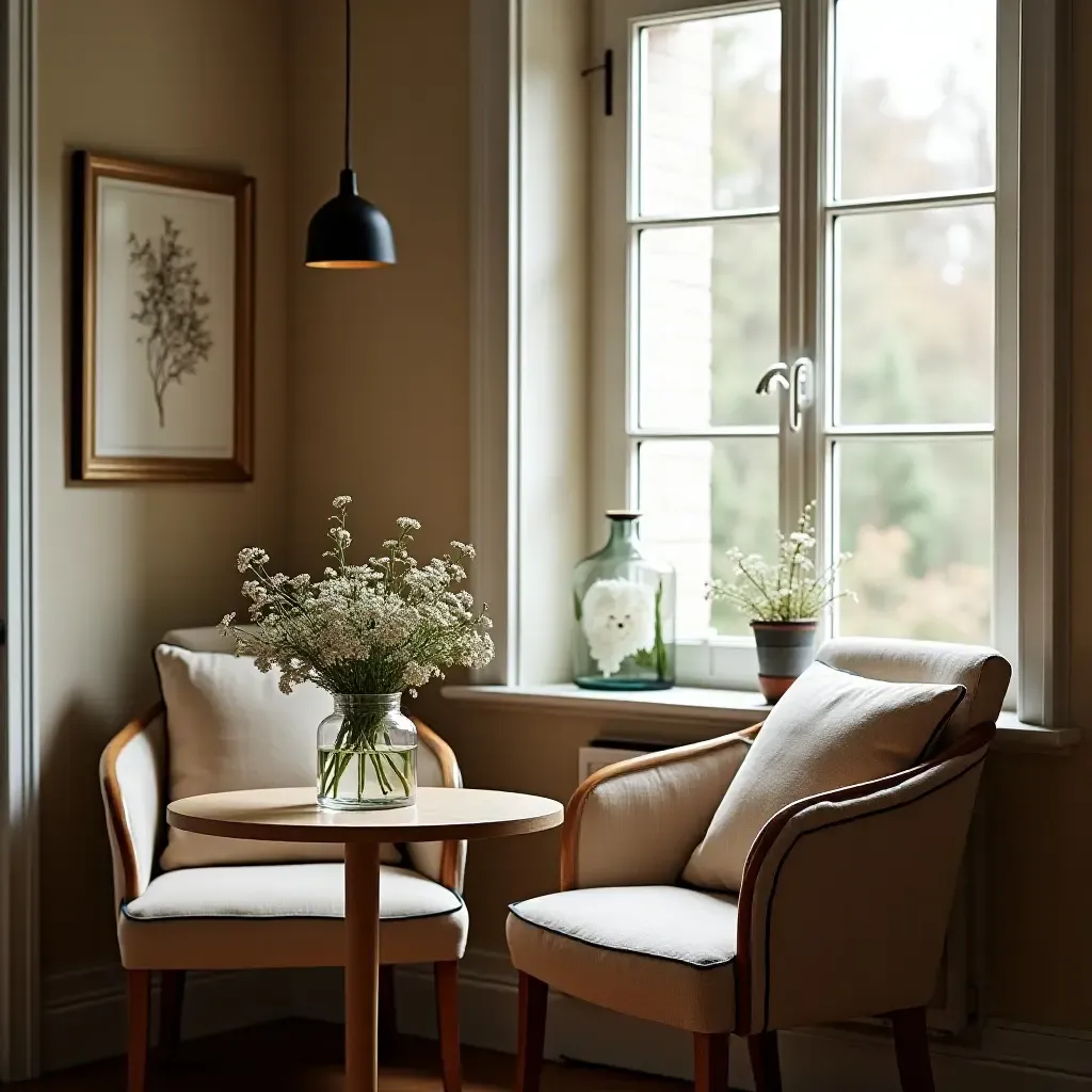 a photo of a cozy nook with a small table and fresh flowers