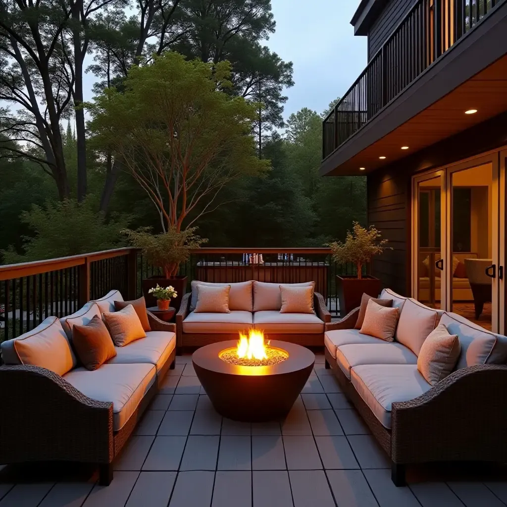 a photo of a balcony with a fire pit and comfortable seating for gatherings