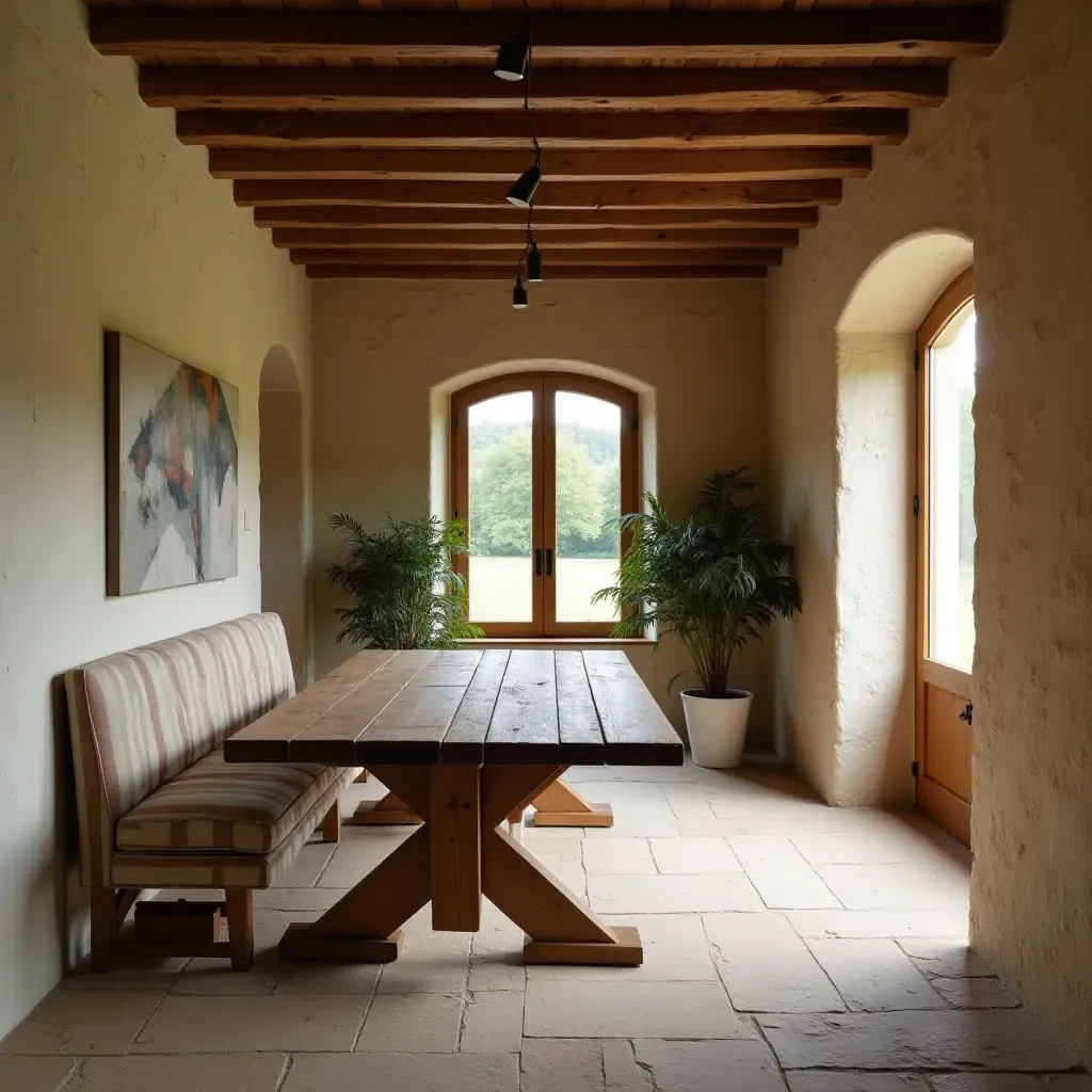 a photo of a rustic corridor with a farmhouse table and seating