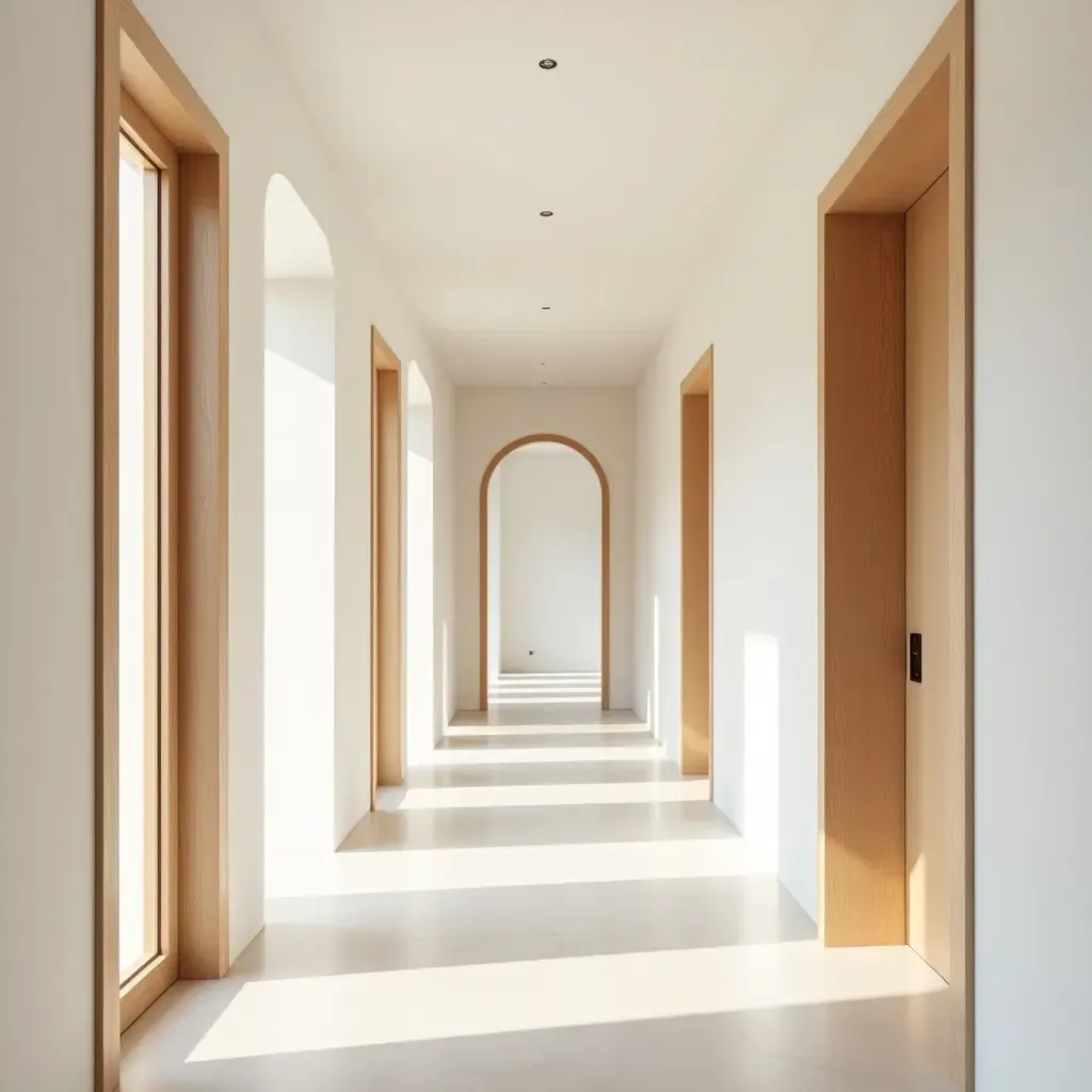 a photo of a corridor with whitewashed walls and warm wooden accents