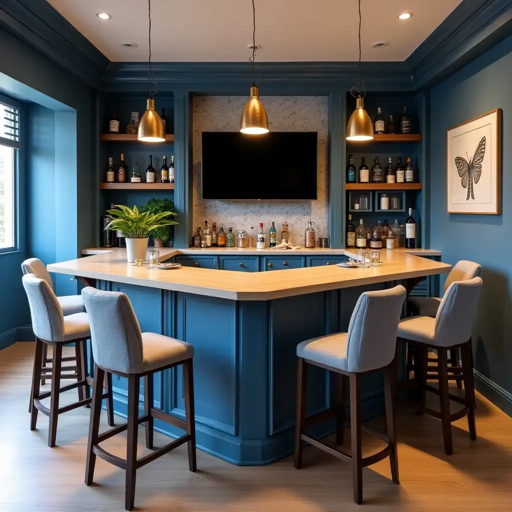 a photo of a nautical-themed basement bar with blue accents and driftwood decor