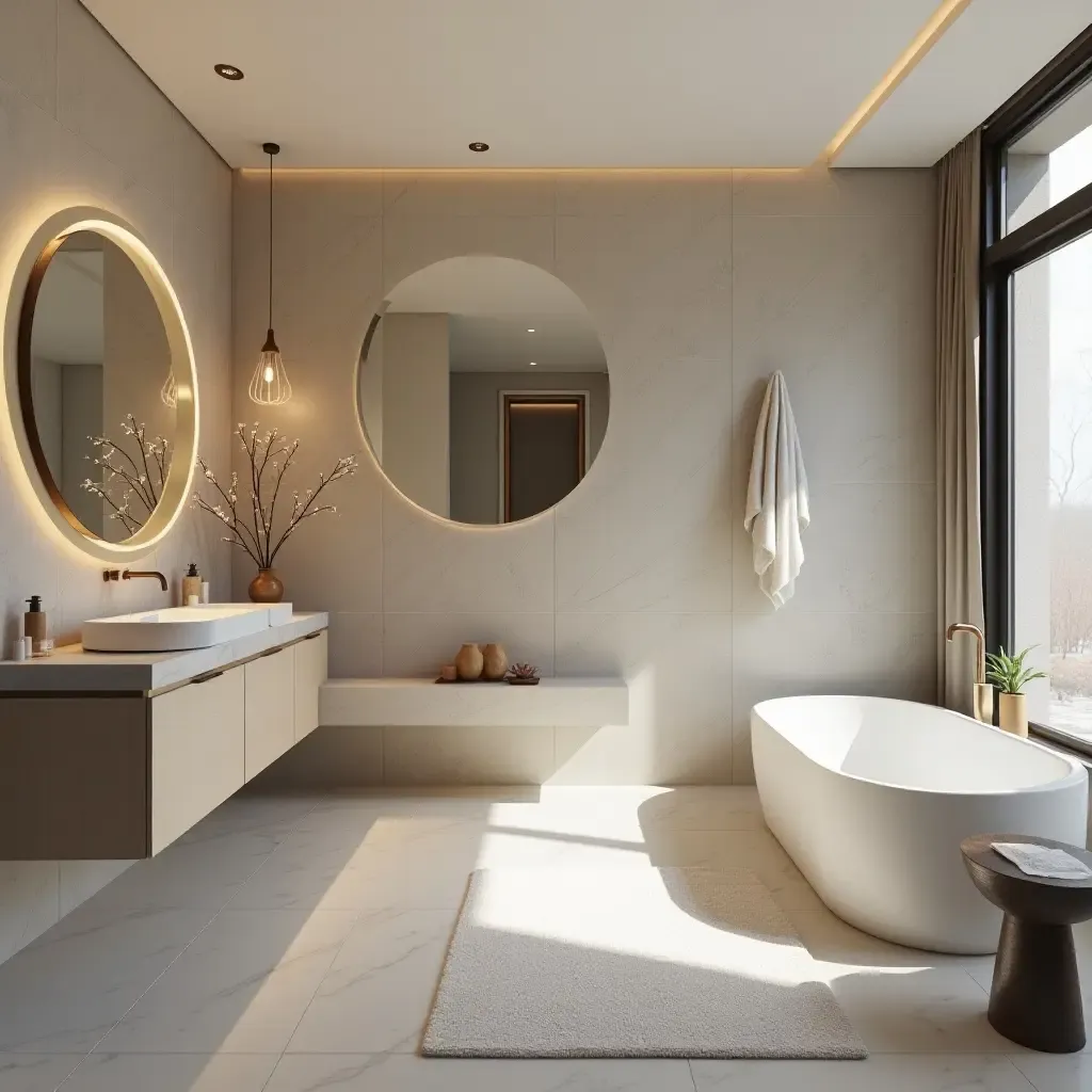 a photo of a contemporary bathroom showcasing geometric shapes and modern art