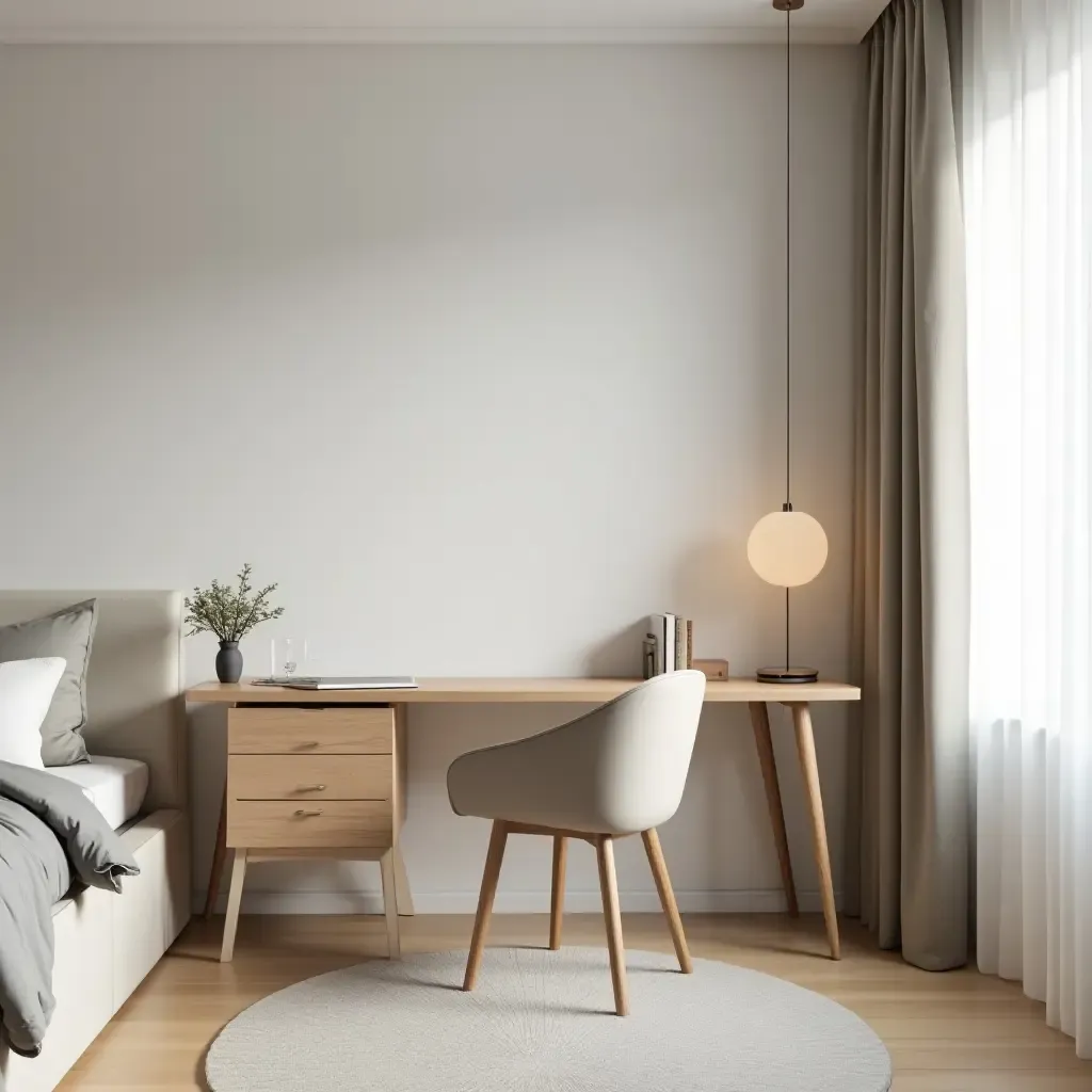 a photo of a chic bedroom with a minimalist desk and cozy chair