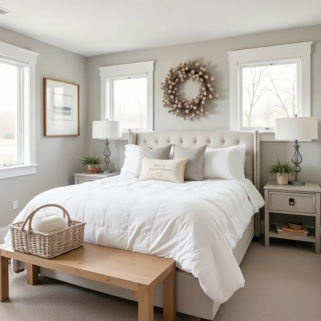 a photo of a cozy basement bedroom featuring farmhouse-style bedding and decor