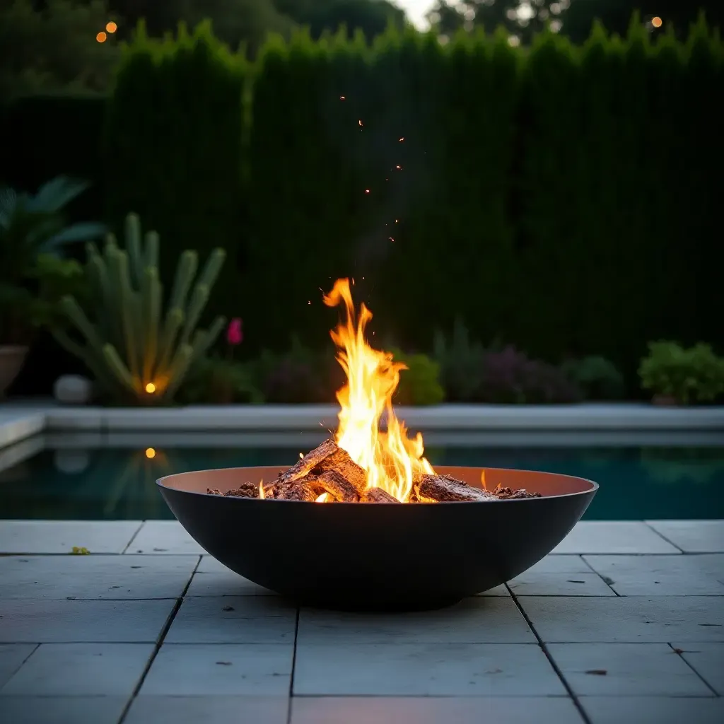 a photo of a poolside fire pit surrounded by lush greenery