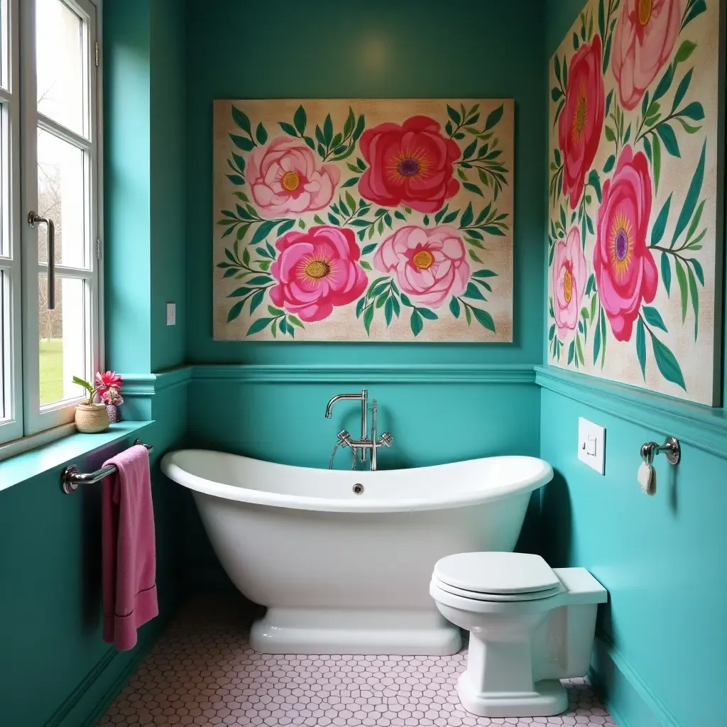 a photo of a lively fuchsia and teal bathroom with artistic wall art