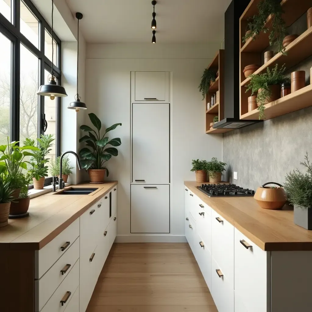 a photo of a kitchen with wooden countertops and green plants