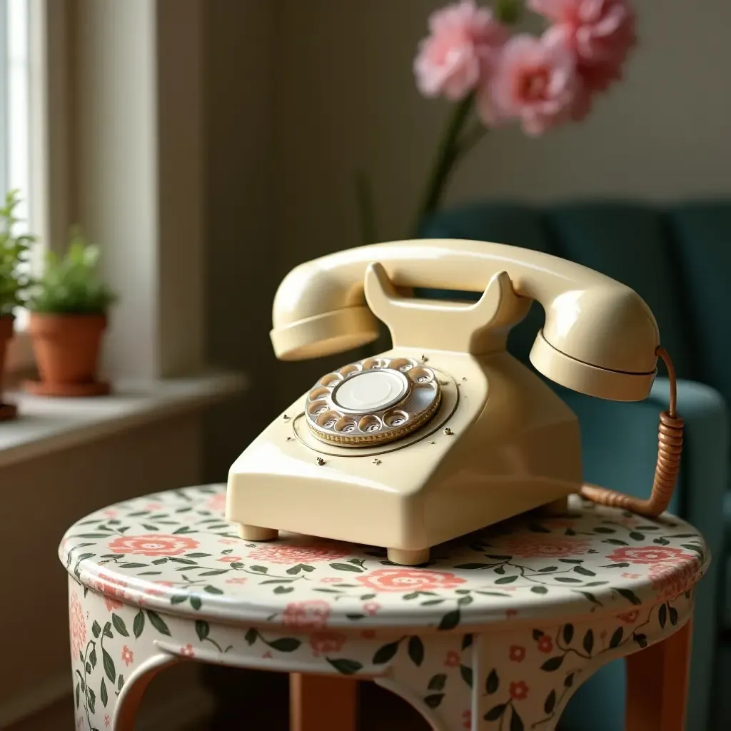 a photo of a vintage rotary phone on a floral side table