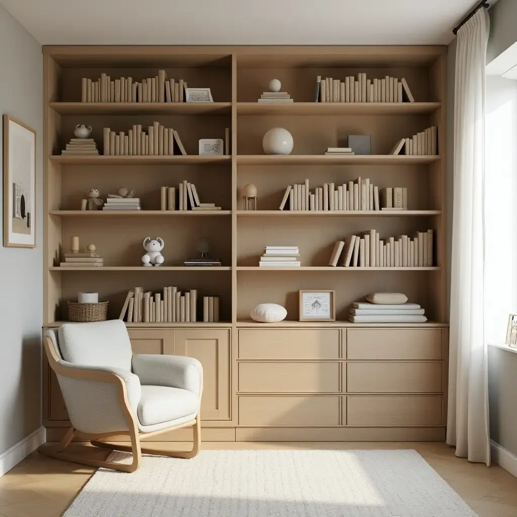 a photo of a nursery with wooden floor-to-ceiling bookshelves