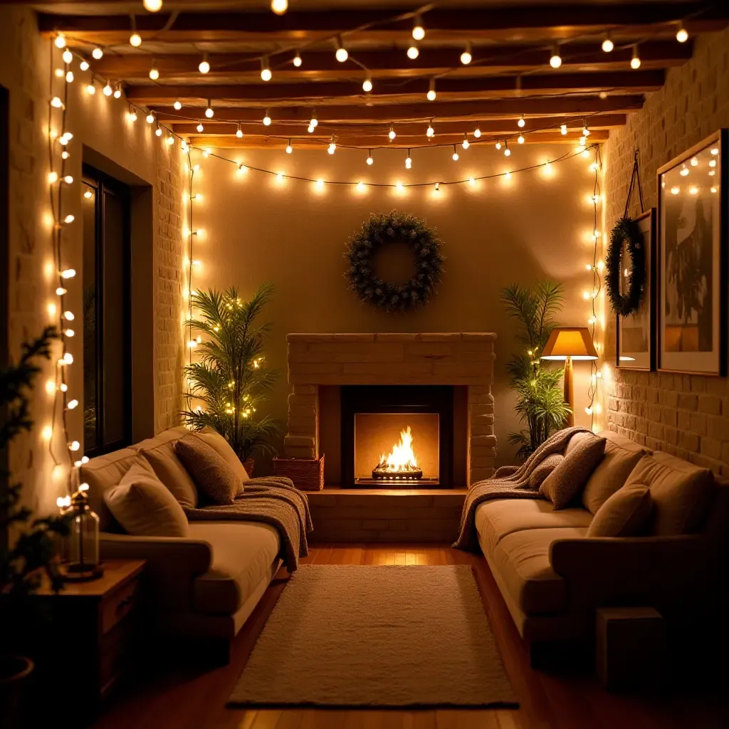 a photo of a cozy basement with fairy lights and plush throws