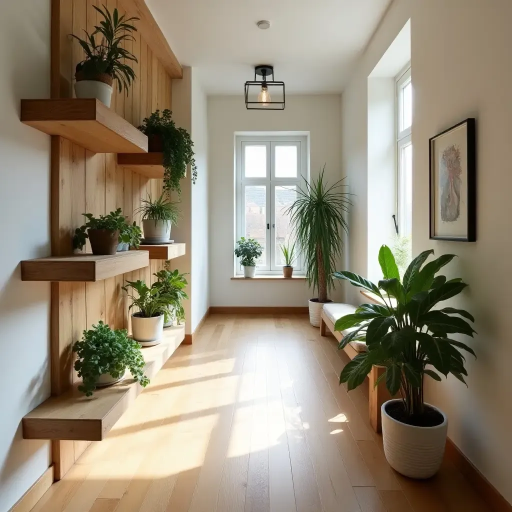 a photo of wooden shelves adorned with plants in a corridor