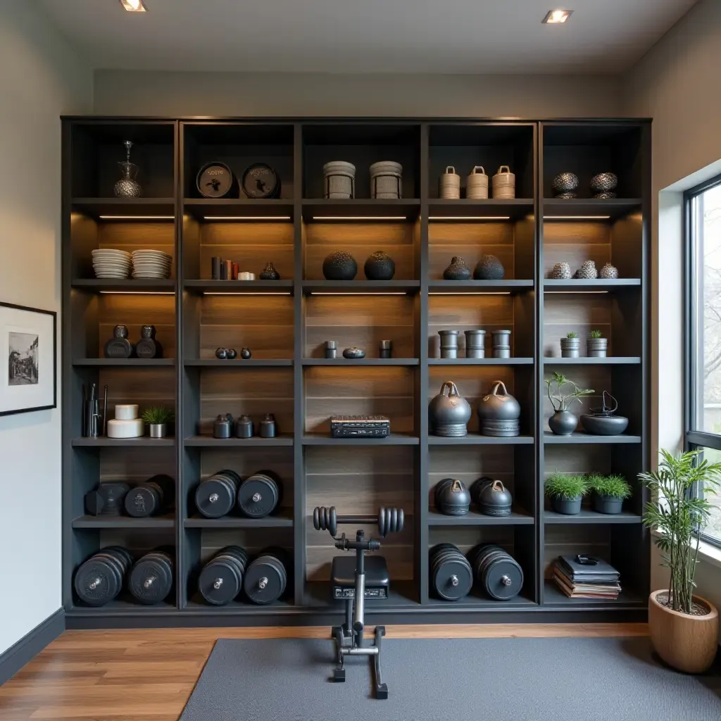 a photo of a home gym with open shelving for weights and fitness accessories