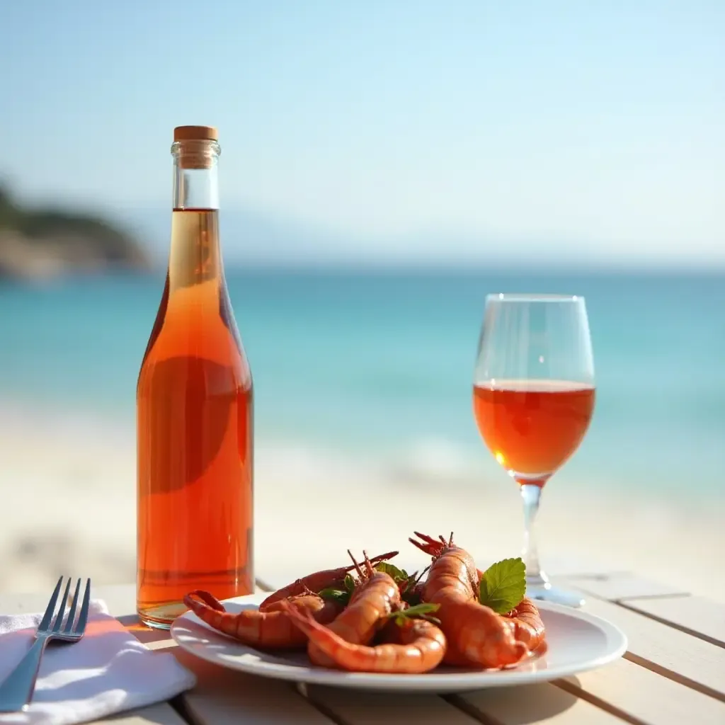 a photo of a bottle of retsina wine, with a glass and a plate of grilled seafood, on a beachside table.