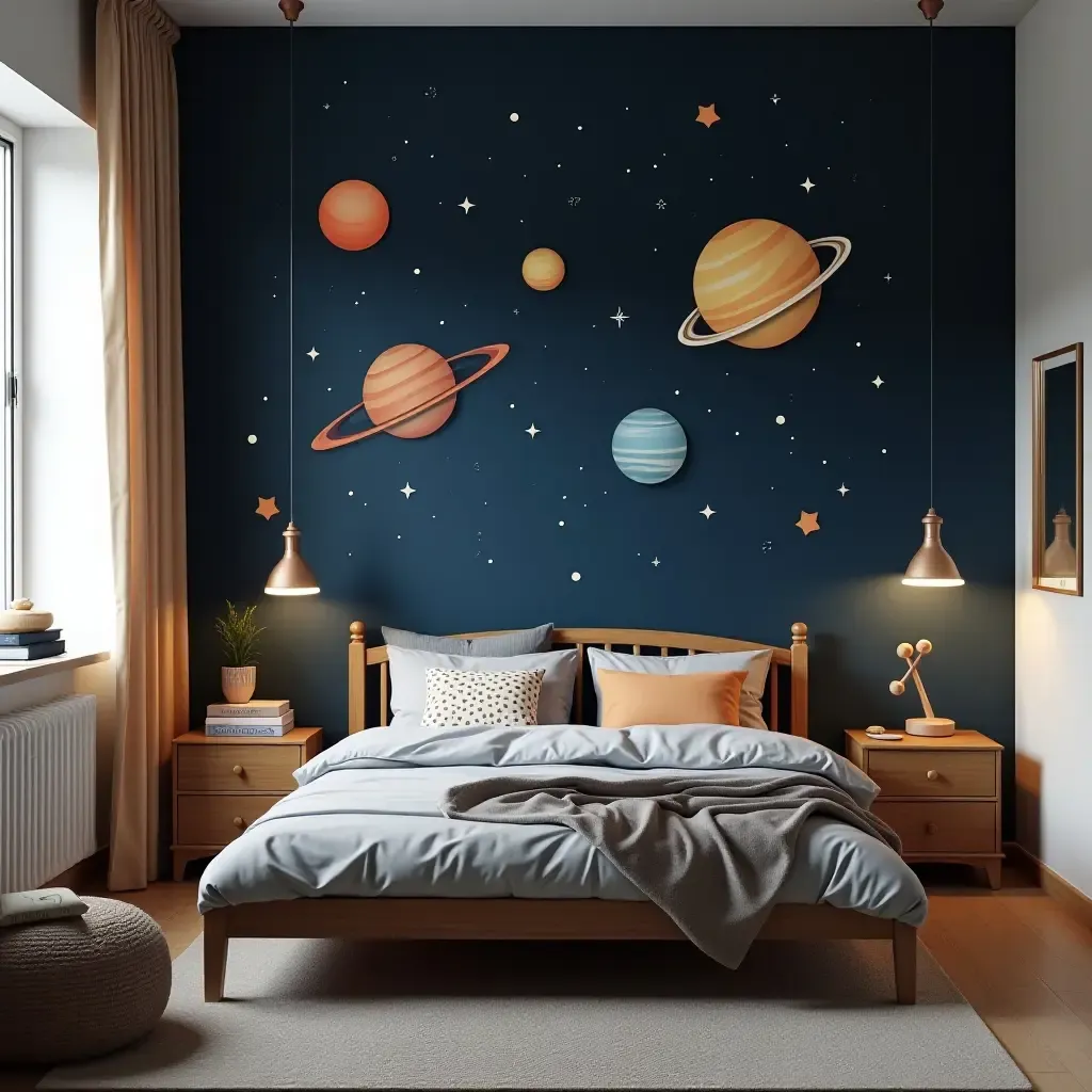 a photo of a space-themed bedroom featuring planets and stars