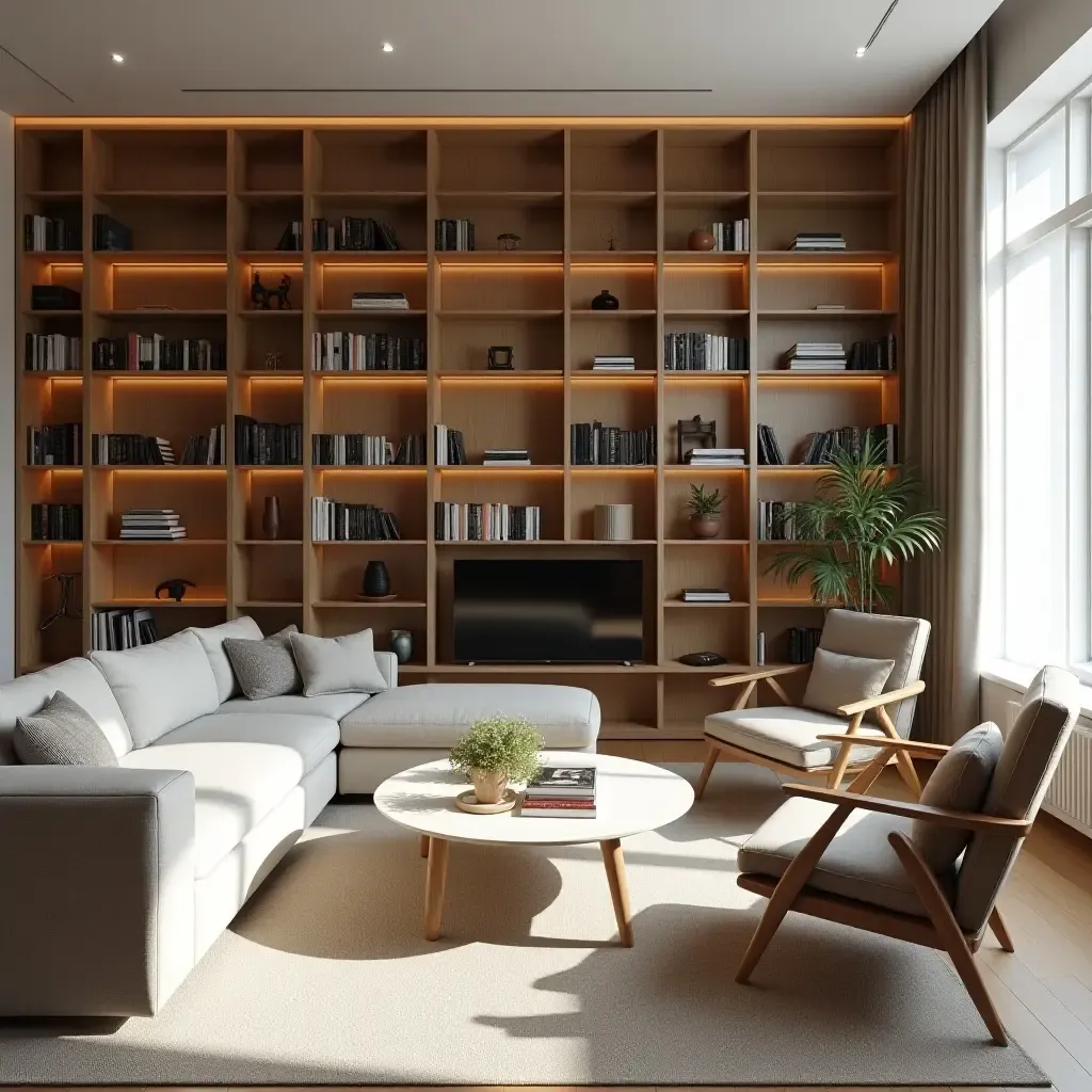 a photo of a library with airy spaces and a Scandinavian color scheme