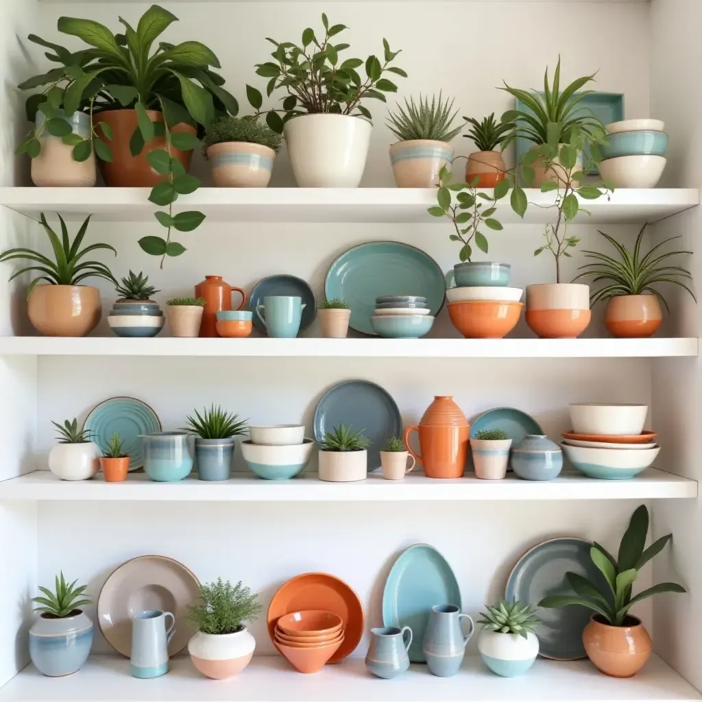 a photo of open shelving filled with colorful ceramic dishes and plants