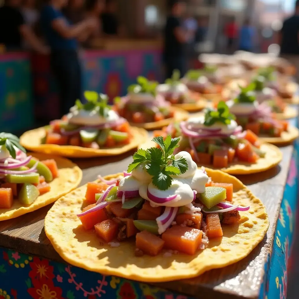 a photo of Oaxacan tlayudas with vibrant toppings, street food scene, colorful market backdrop.