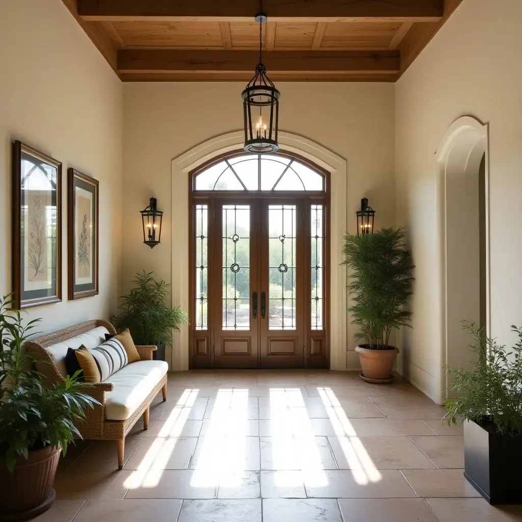 a photo of a Mediterranean-style entryway with a welcoming seating area