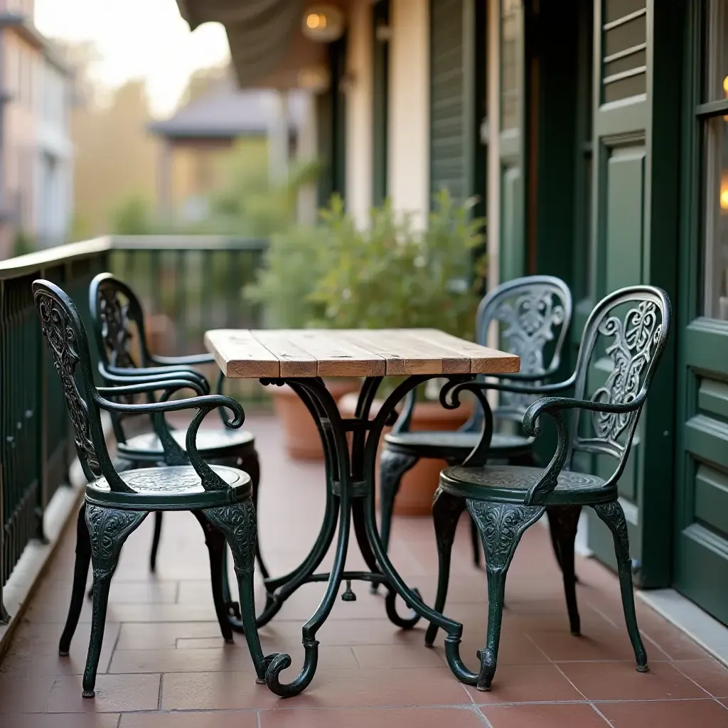 a photo of a balcony showcasing a weathered wooden table and wrought iron chairs