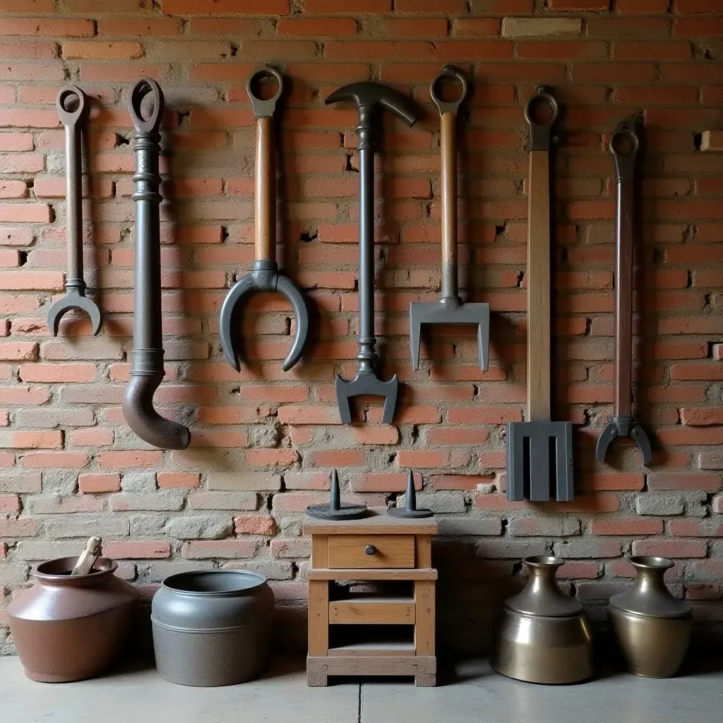 a photo of exposed brick walls adorned with vintage tools