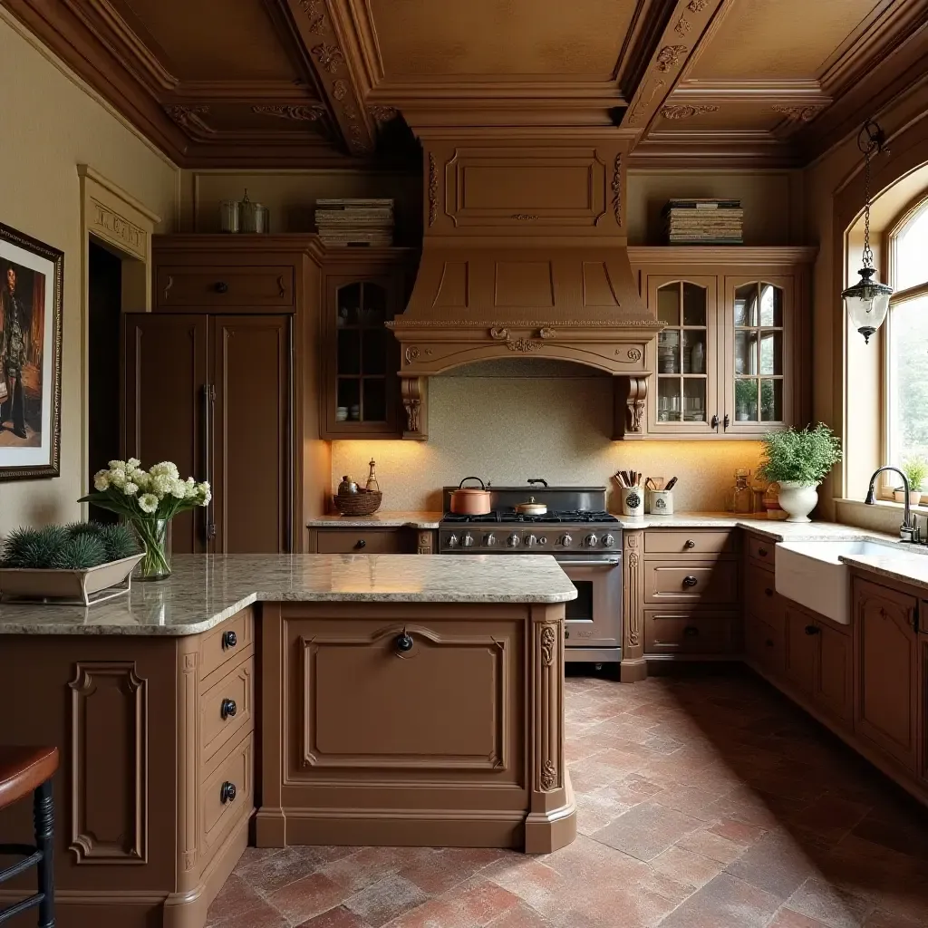 a photo of a vintage-inspired kitchen with ornate details and rich colors