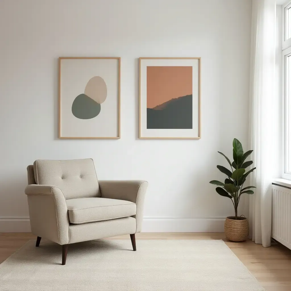 a photo of a minimalist bedroom with a vintage armchair and modern artwork on the walls