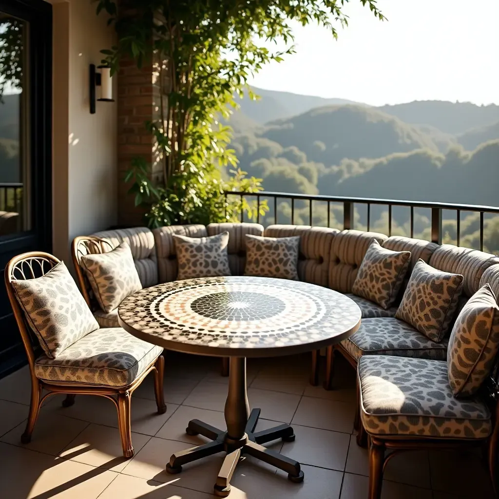 a photo of a balcony featuring a mosaic table and patterned cushions